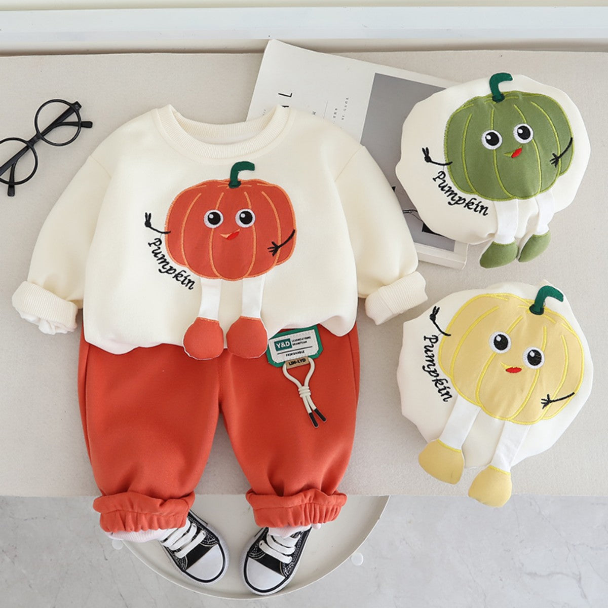 Boys' new style cartoon pumpkin children's clothes spring and autumn fashionable all-match sweater two-piece warm children's clothing