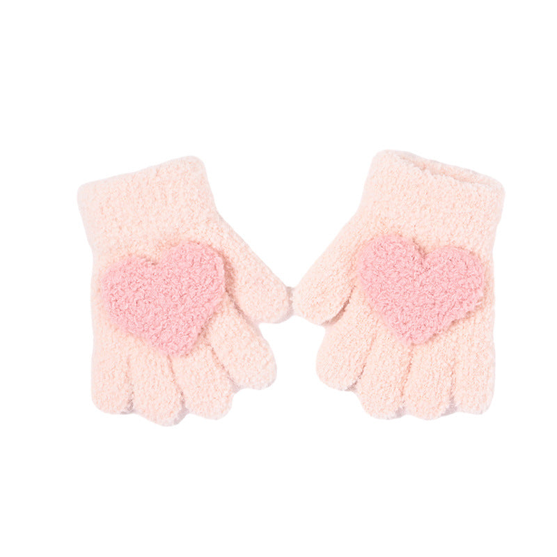 Children's Girls Love Knitted Autumn and Winter Five-Finger Warm Thickened Gloves