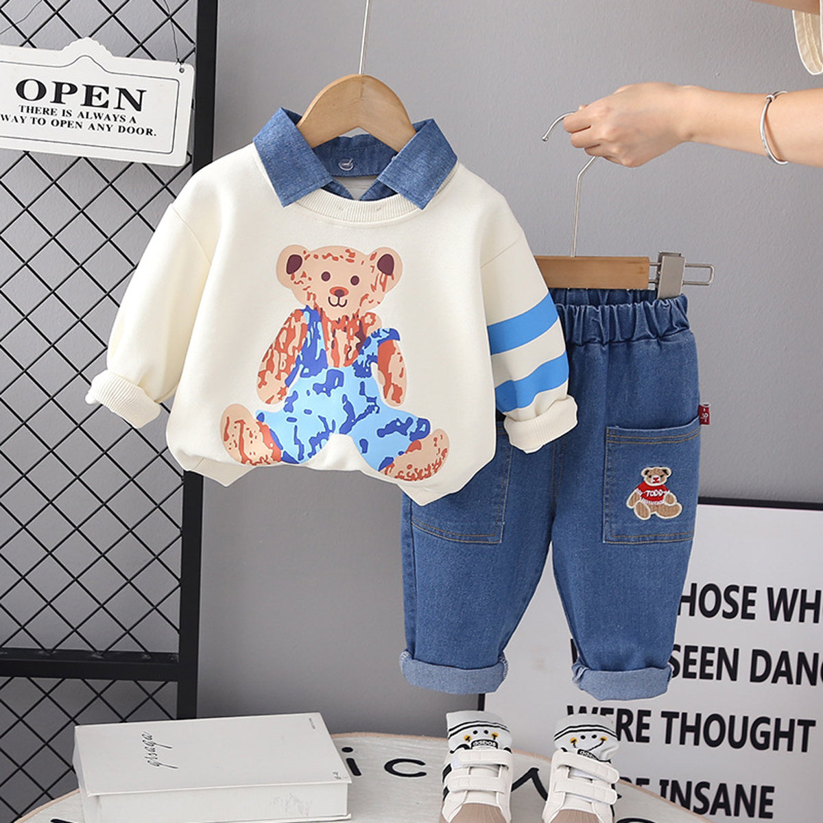 3-piece Toddler Boy Casual Cowboy Bear Print Autumnr Top & Pants With Collar And Take Off