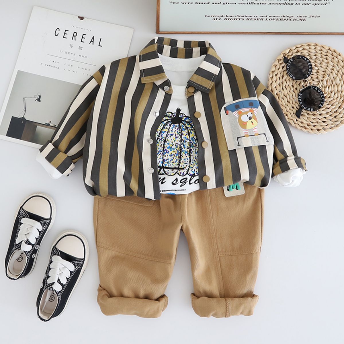 Children's autumn new cartoon animal shirt three-piece baby clothes autumn striped suit trendy