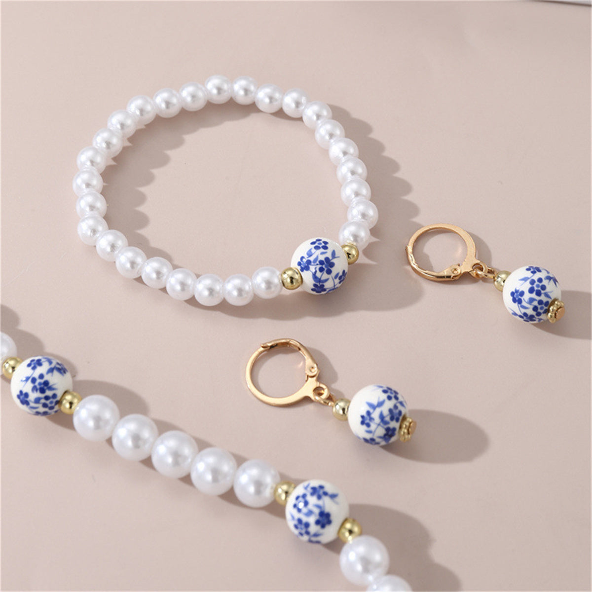 Children's 3-piece elegant temperament printed ceramic plum blossom shaped pearl jewelry set