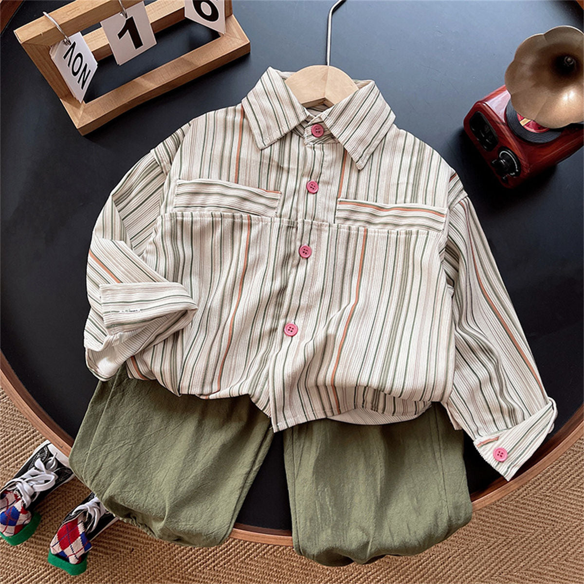 Boys' suit striped shirt top overalls two piece suit