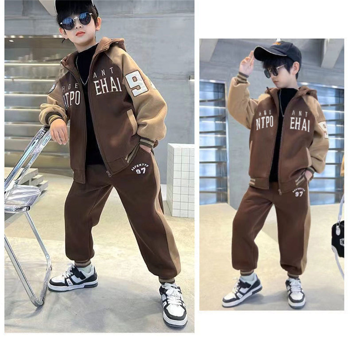 Medium and large boys' color matching letter style casual urban style plus velvet thickened cardigan suit