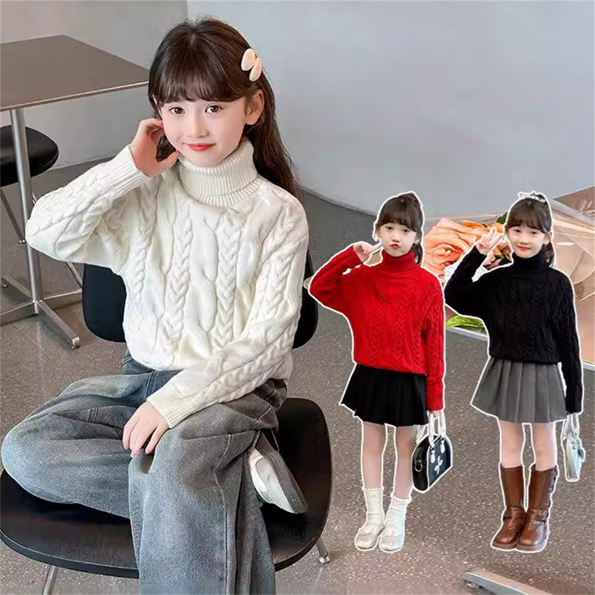 Children's Fashion Pullover Turtleneck Tops for Middle and Large Children Linen Bottom Knitted Sweaters