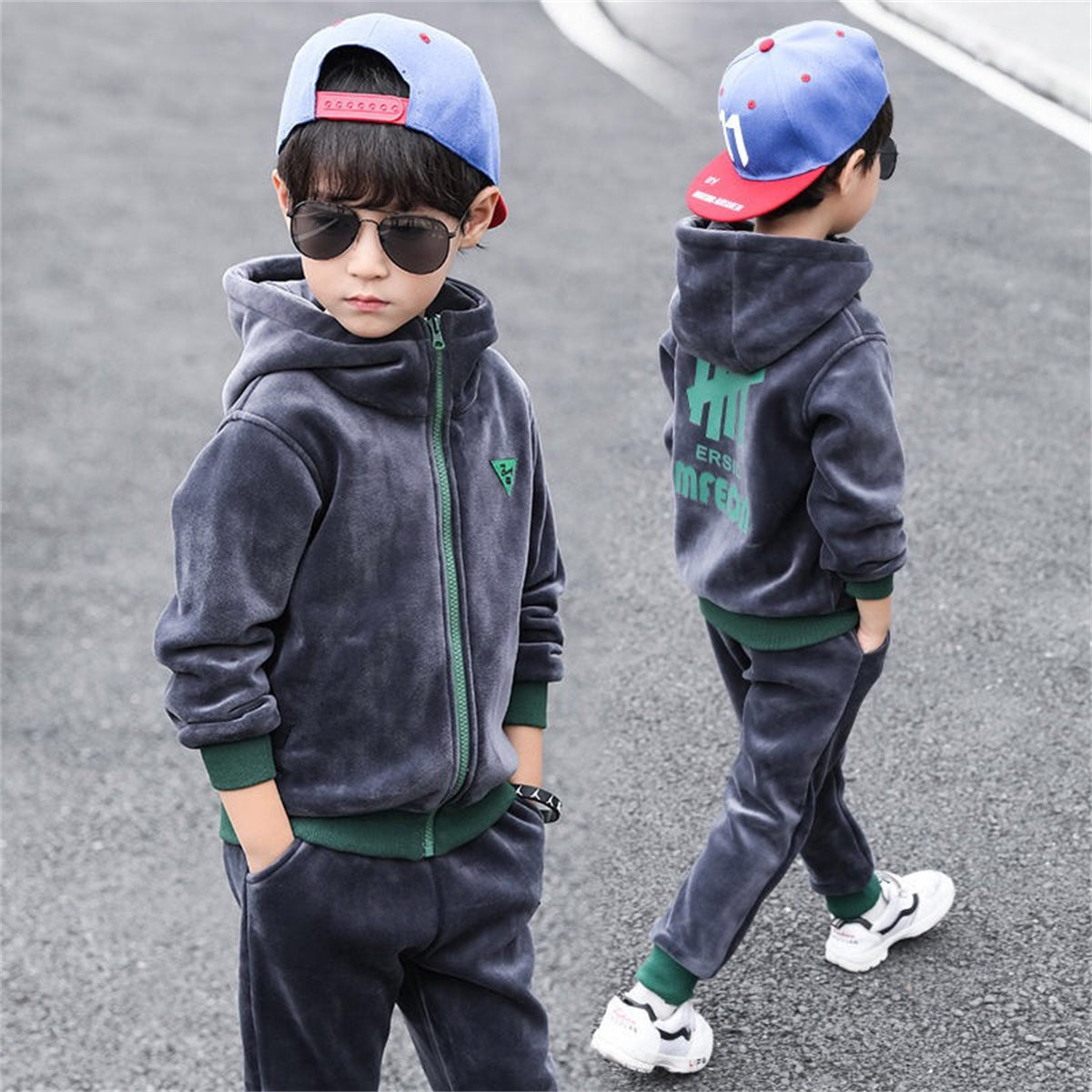 Boys' two-piece double-faced fleece suit with hood and fleece sweater for autumn and winter