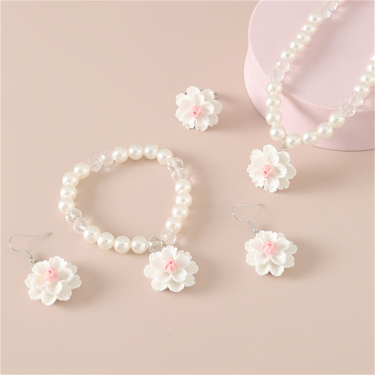 Children's 4-piece design sweet style imitation pearl flower pendant jewelry set