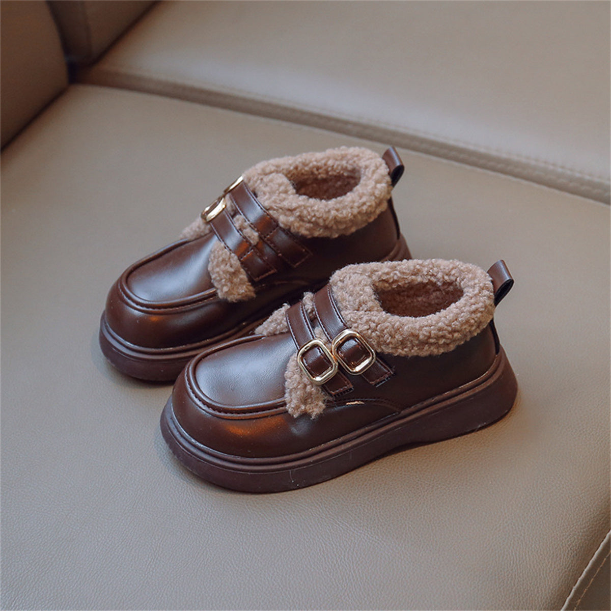 Children's girls' winter style British style plus velvet warm leather shoes low-top cotton shoes