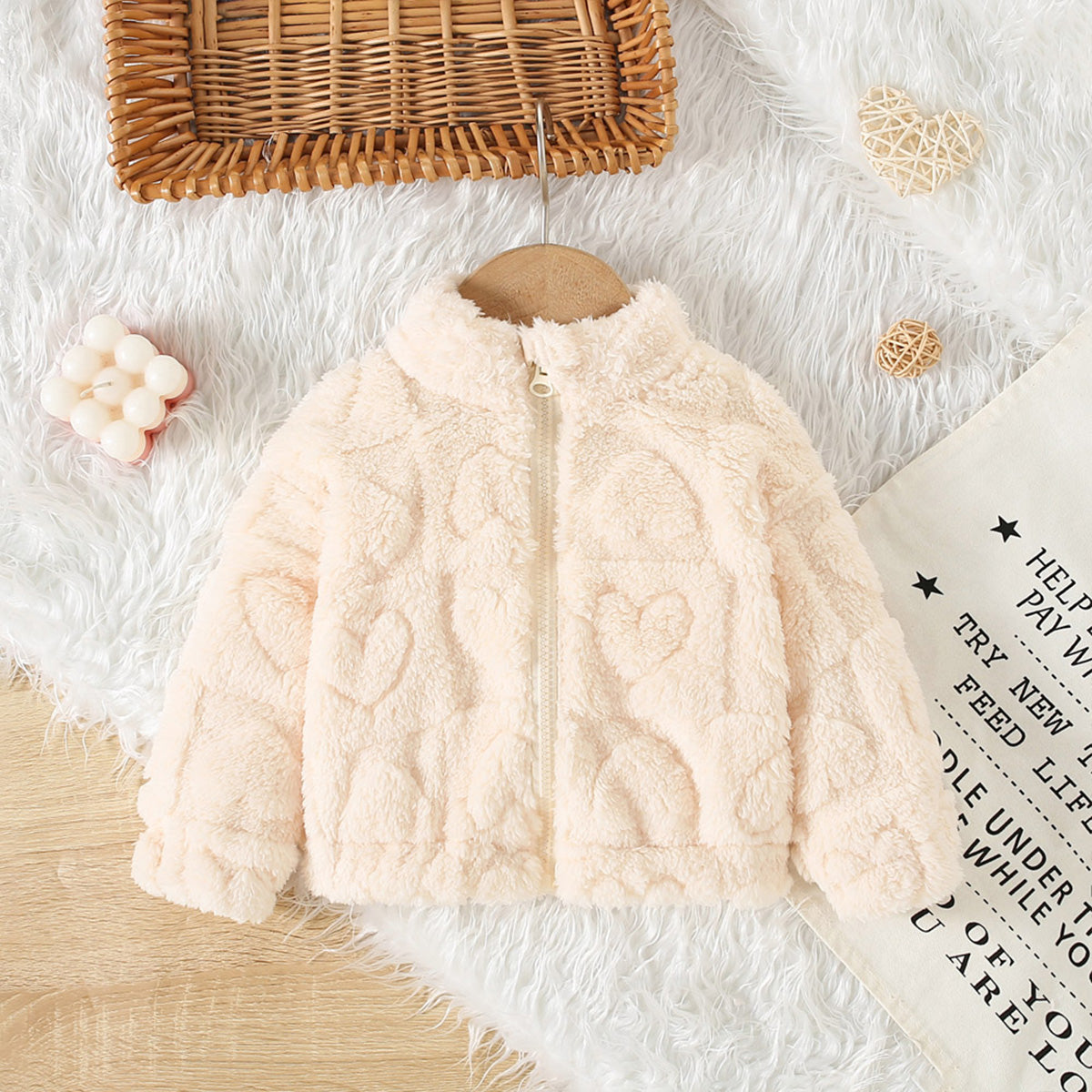 Autumn and winter new girls fleece bear love sweet high collar long sleeve wool sweater coat