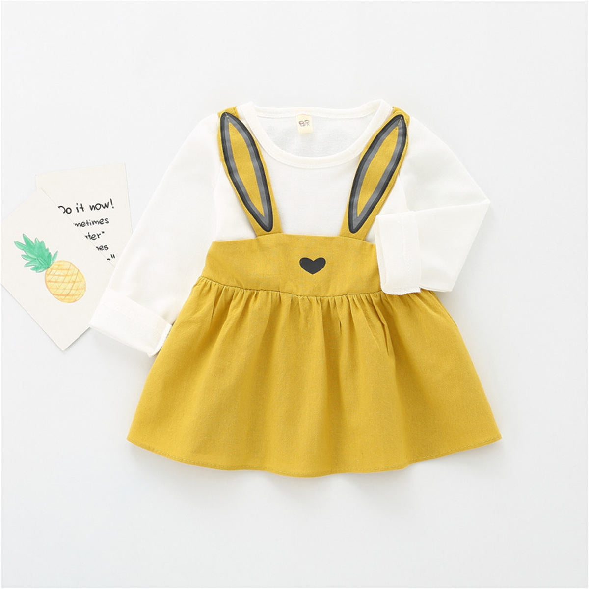 Girls solid color rabbit ears fake two-piece long-sleeved dress