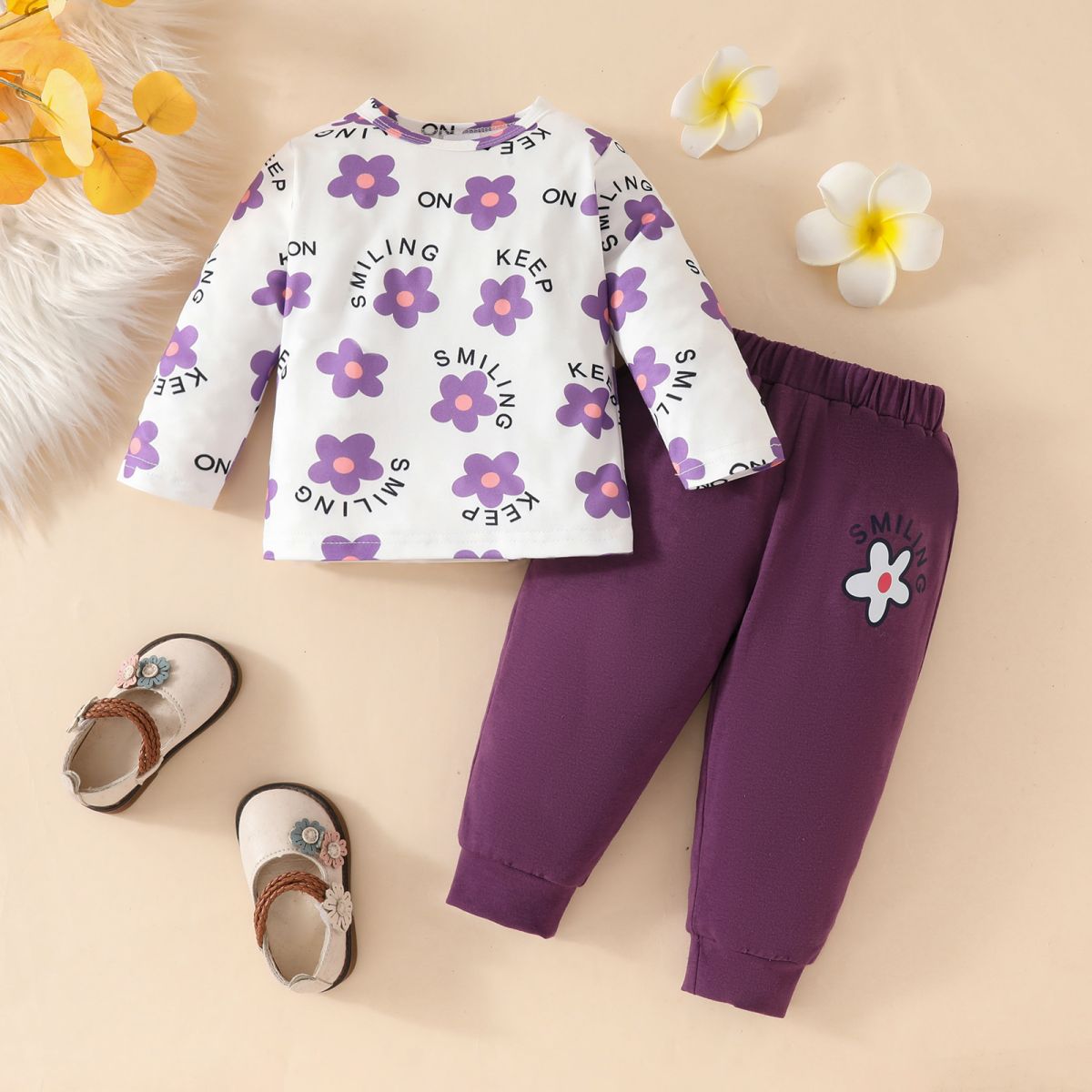 Baby Girl Spring and Autumn Casual Cute Letter Flower Long Sleeve Sweater + Pants Two-piece Set