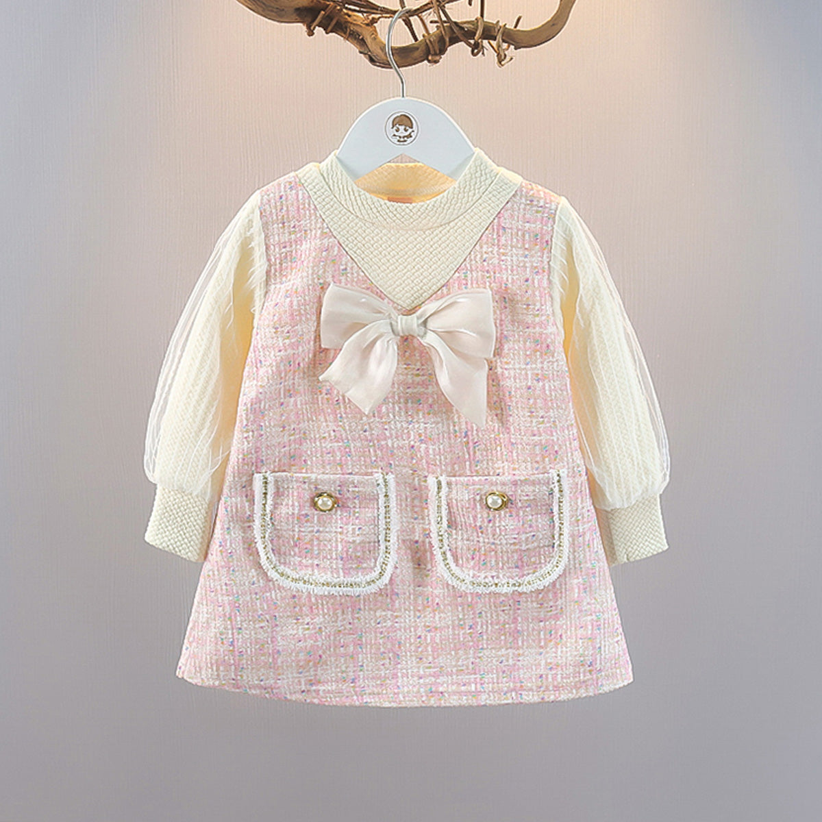 Spring and Autumn new style Chanel style girls dress fake two-piece puff sleeve princess dress