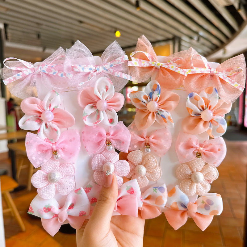 Children's 10-piece set of bow mesh flower wrapping cloth does not damage the hair duckbill hairpin