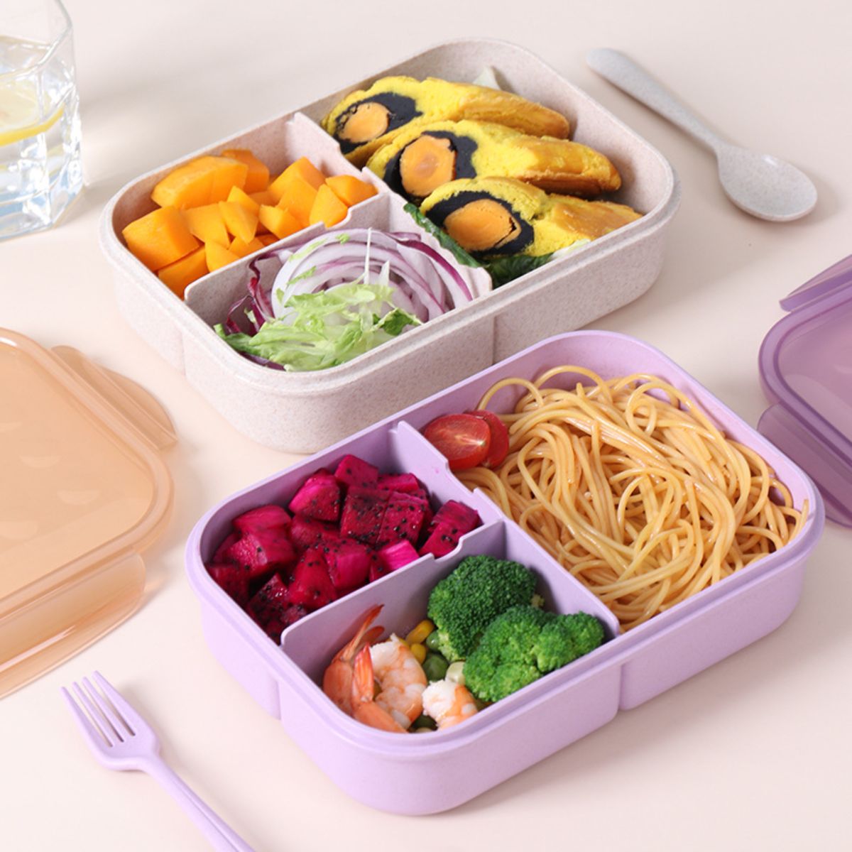 Wheat Straw Lunch Box Divided Lunch Box Microwave Heated Lunch Box Student Lunch Box with Spoon