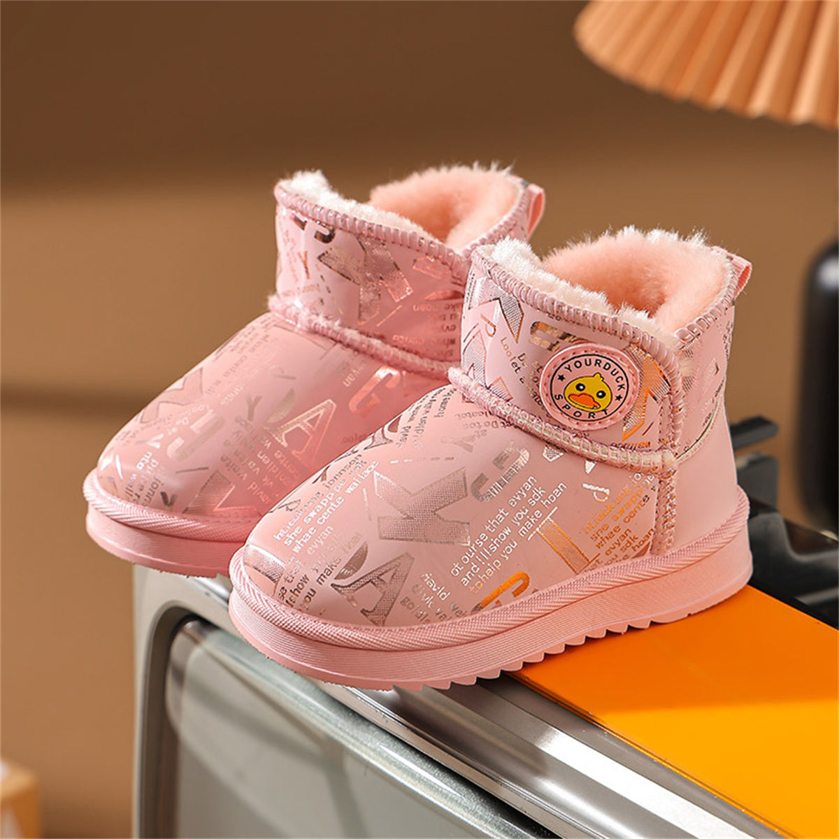 Winter yellow duck printed letter style casual waterproof warm snow boots for boys and girls