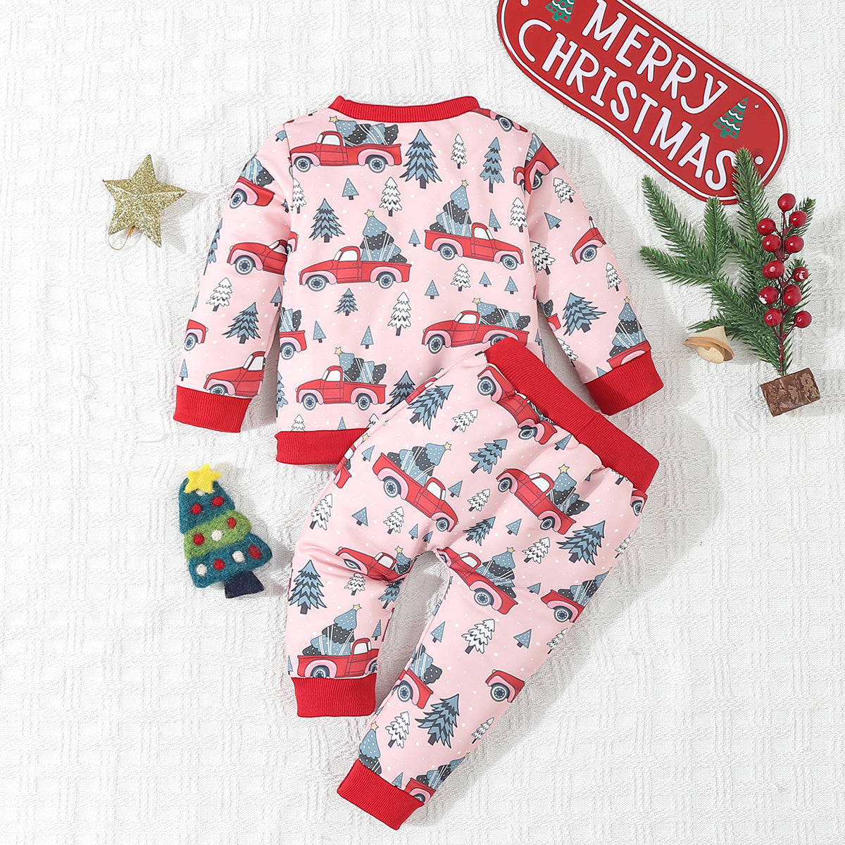 Children's Christmas suit cartoon front pocket loose casual Christmas tree car pattern sweatshirt and trousers fashionable 2-piece set