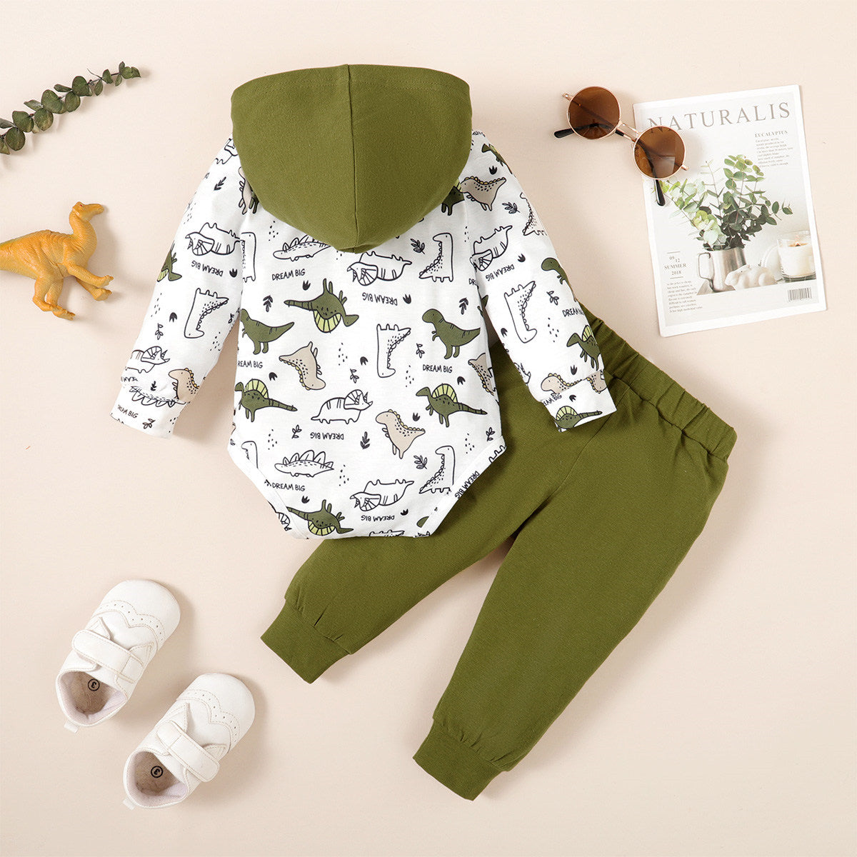 Baby Boy 2 Pieces Dinosaur Printed Long-sleeve Hooded Bodysuit & Pants