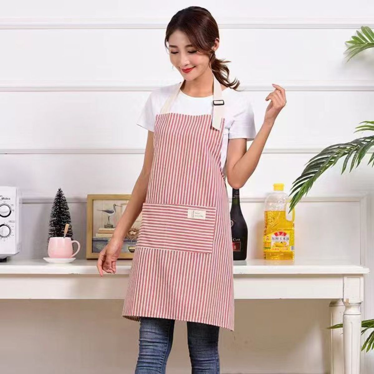 Cotton and Linen Striped Housework Breathable Kitchen Apron