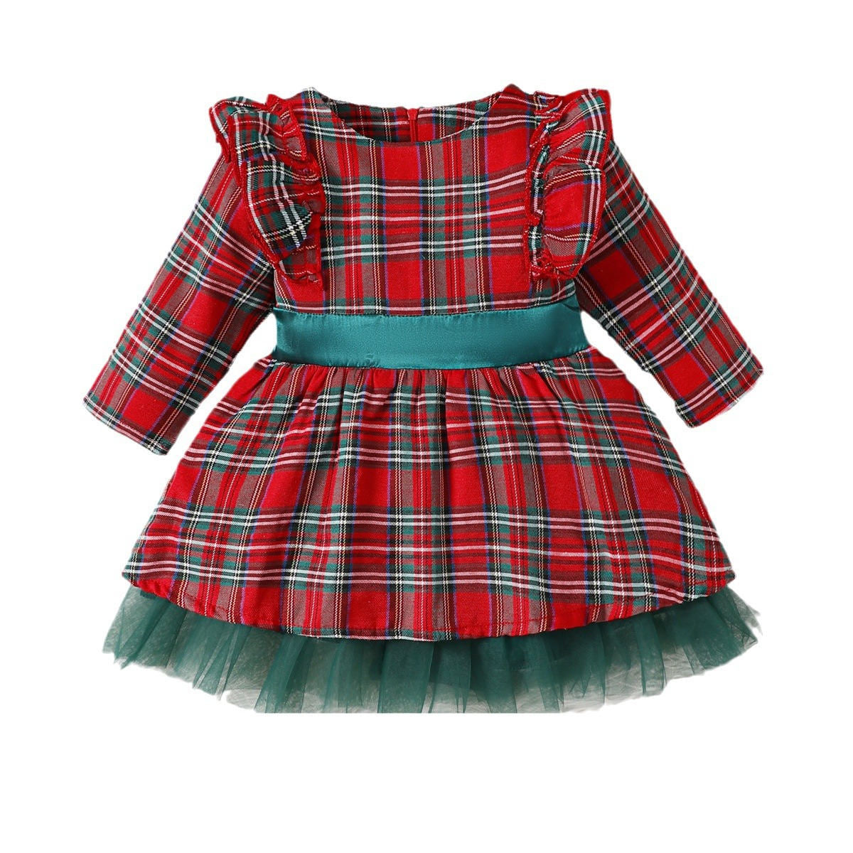 Holiday Women's Plaid Long Sleeve Dress Christmas Big Bow Mesh Princess Dress