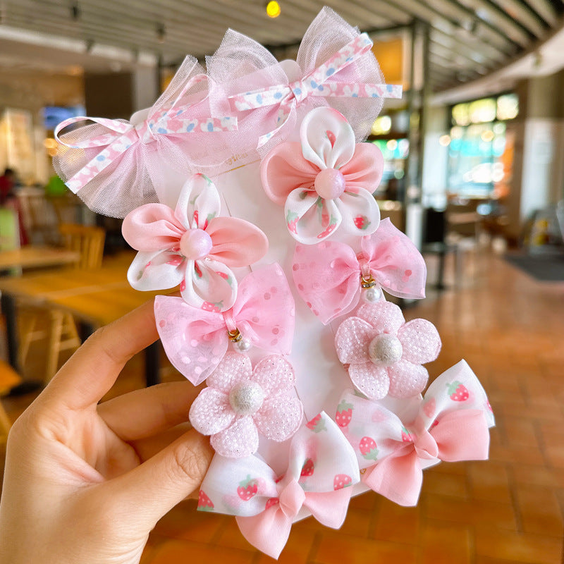 Children's 10-piece set of bow mesh flower wrapping cloth does not damage the hair duckbill hairpin