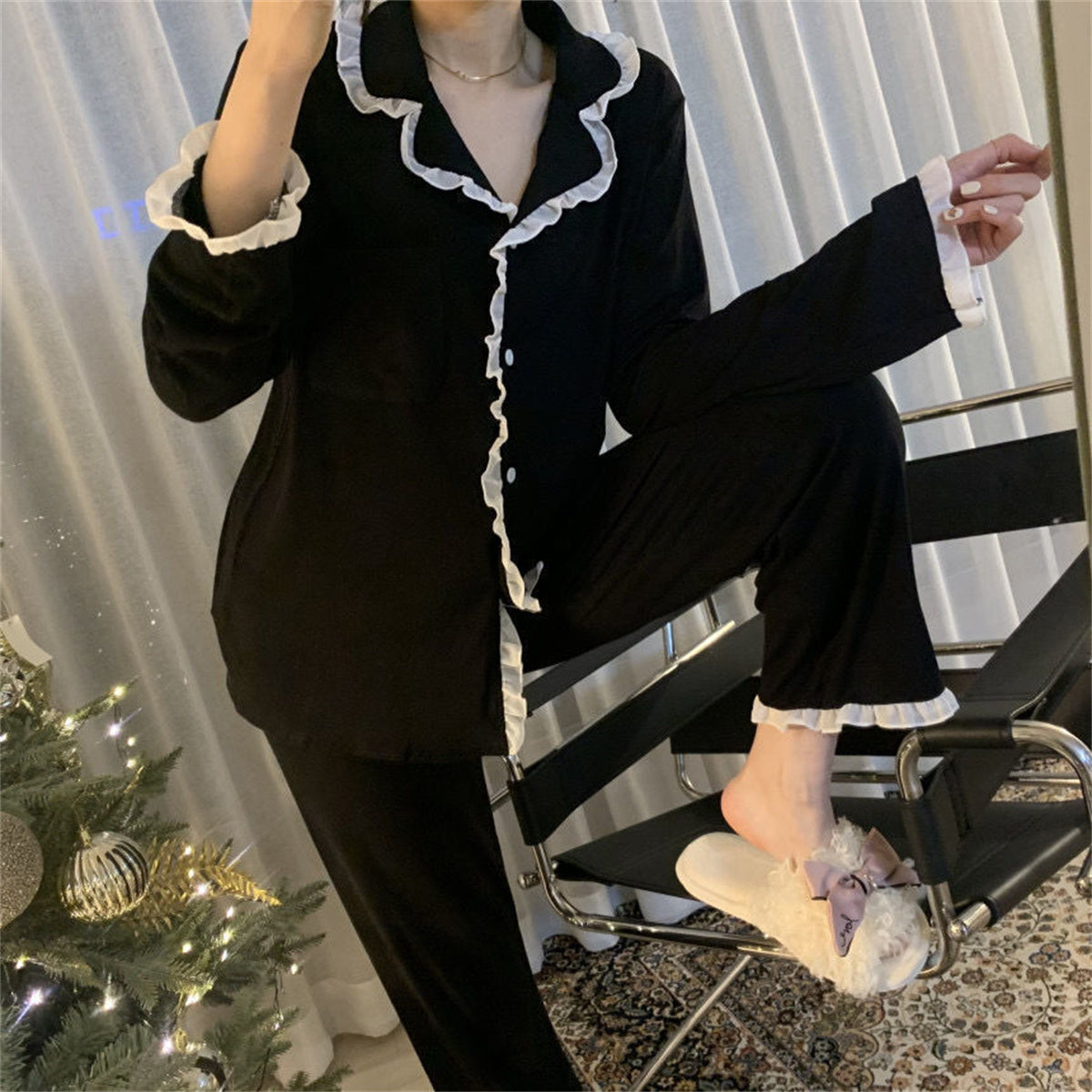 Women's 2-piece ruffled long-sleeved pajama set