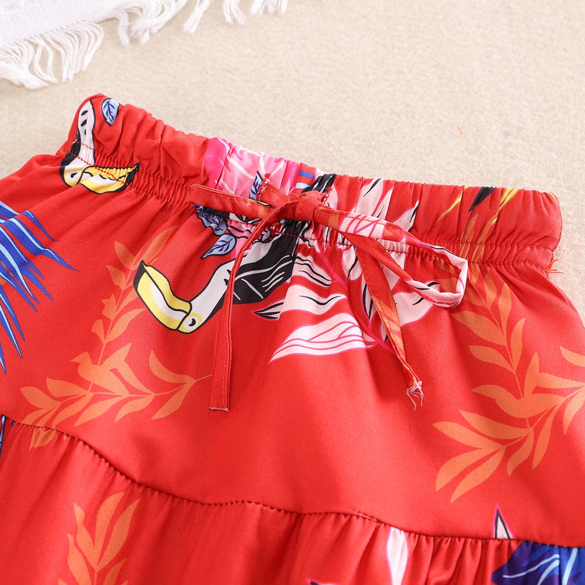 Summer Girls Ruffle Short Vest Swing Skirt Set Printed Holiday Style Set