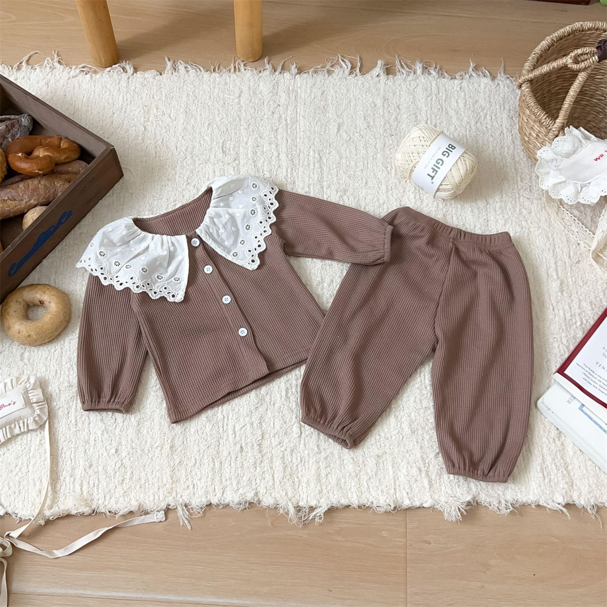 Baby Girl Lapel Long Sleeve Top + Pants Waffle Two Piece Set