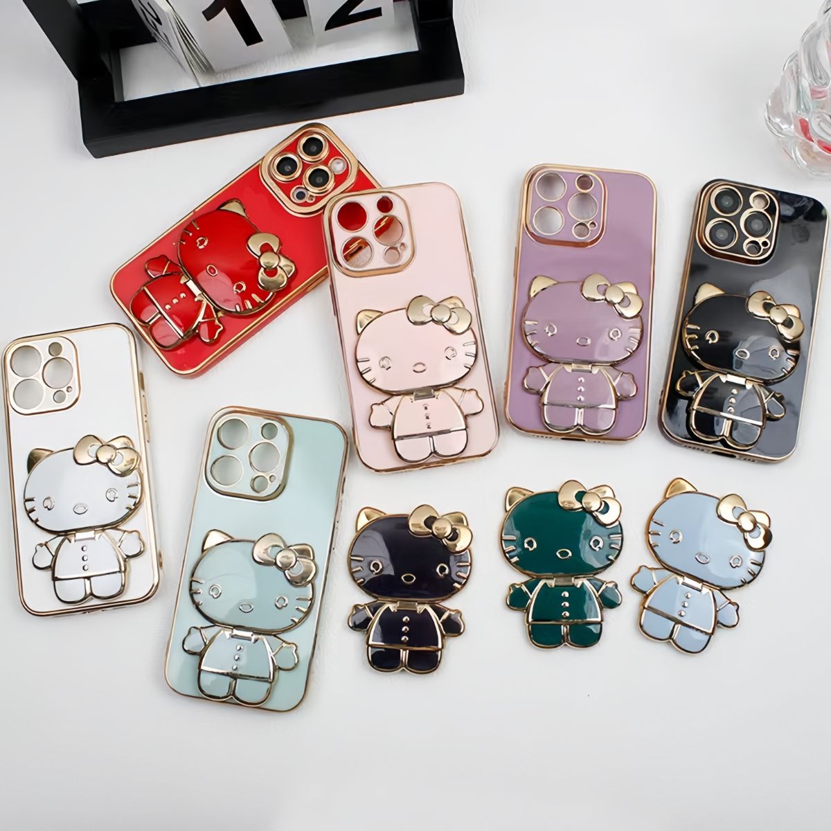 KT cat mobile phone back sticker stand 360 rotation cartoon electroplating with makeup mirror cute girl mobile phone shell decoration