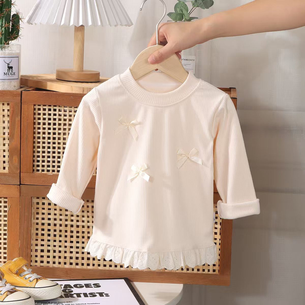 Girls autumn new baby bow lace children's long-sleeved bottoming sweatshirt