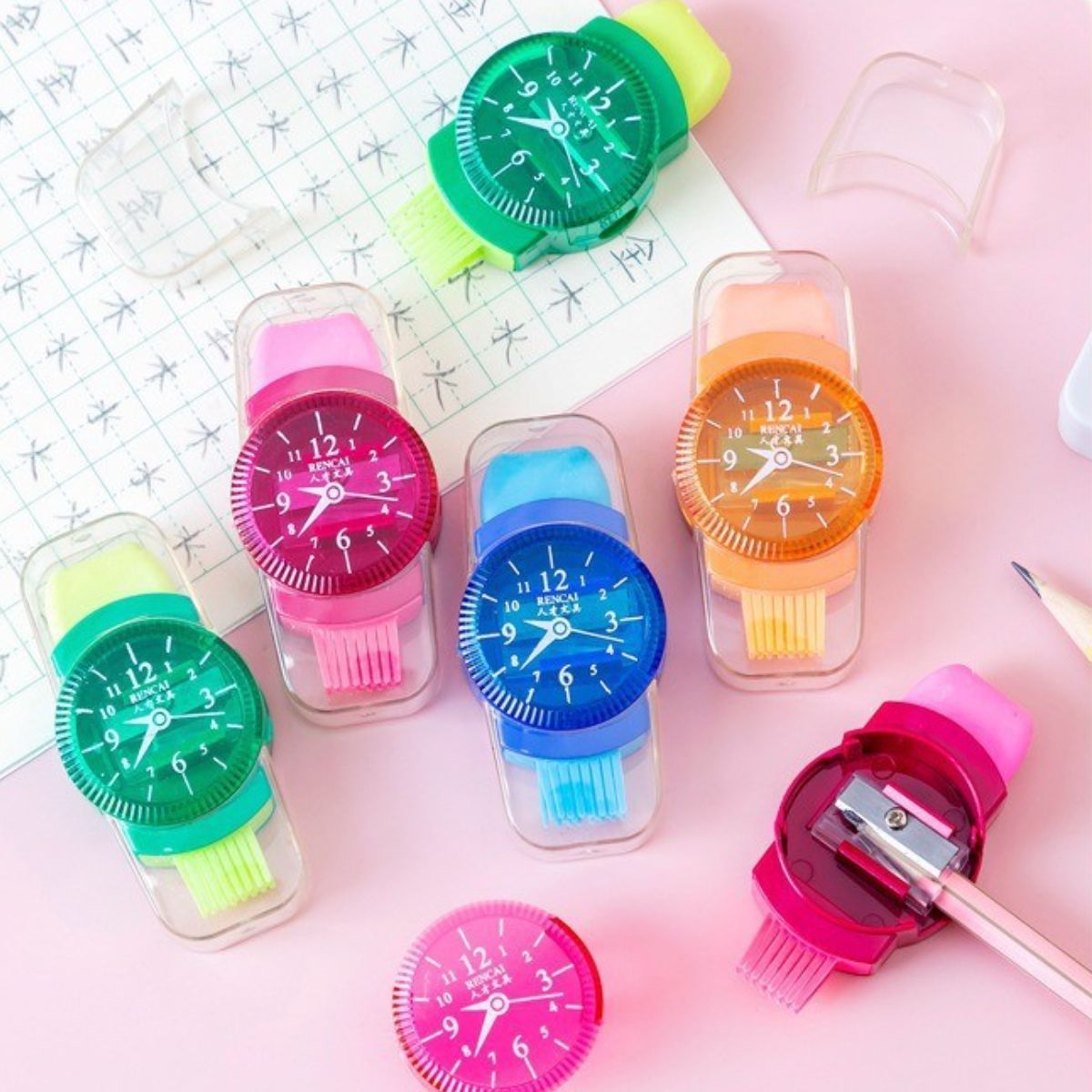 Children's creative watch shape pencil sharpener with eraser cleaning brush three in one multifunctional pencil sharpener for primary school students