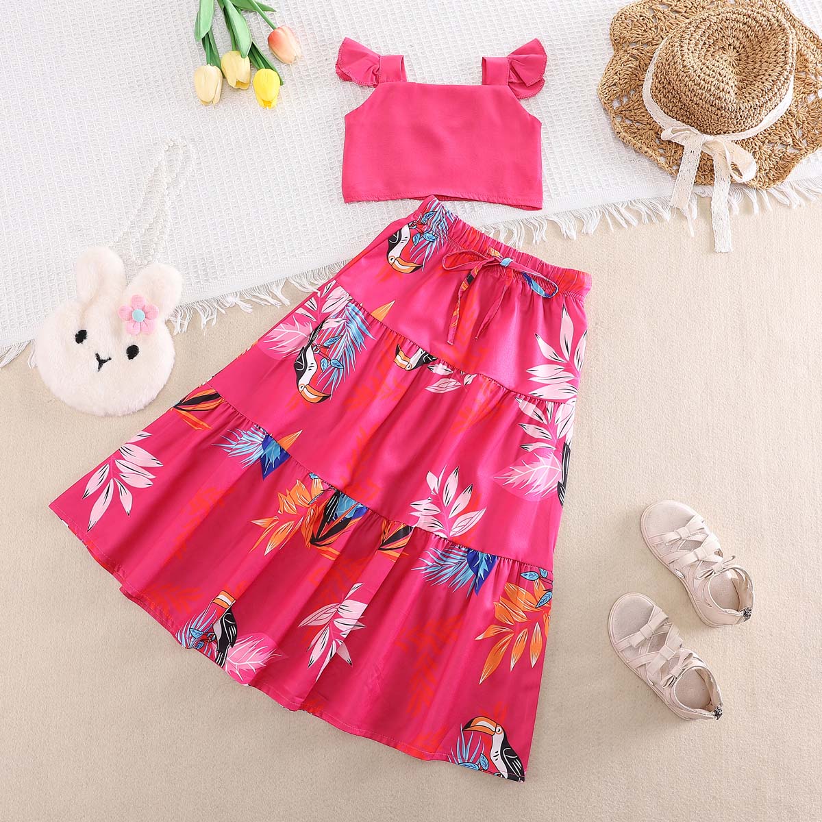 Summer Girls Ruffle Short Vest Swing Skirt Set Printed Holiday Style Set