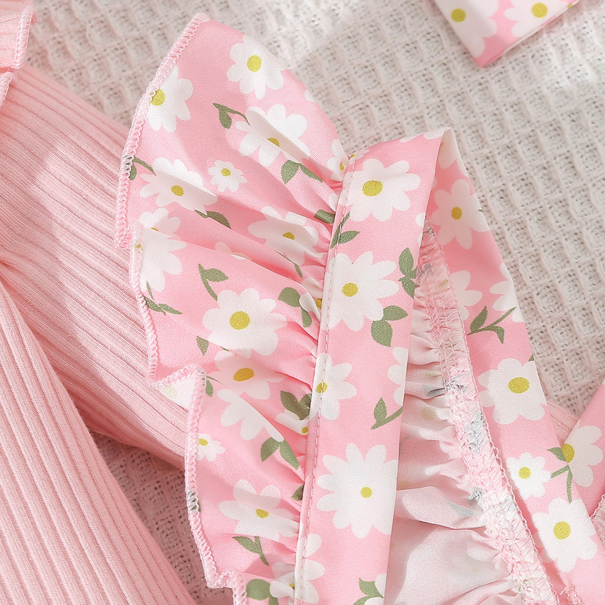 Baby Girl Sweet Cute Floral Pattern Front Bow Skirt Ruffle Cross Strap Skirt with Pink Long Sleeve Triangle Sweater and Headband Fall 3-Piece Set