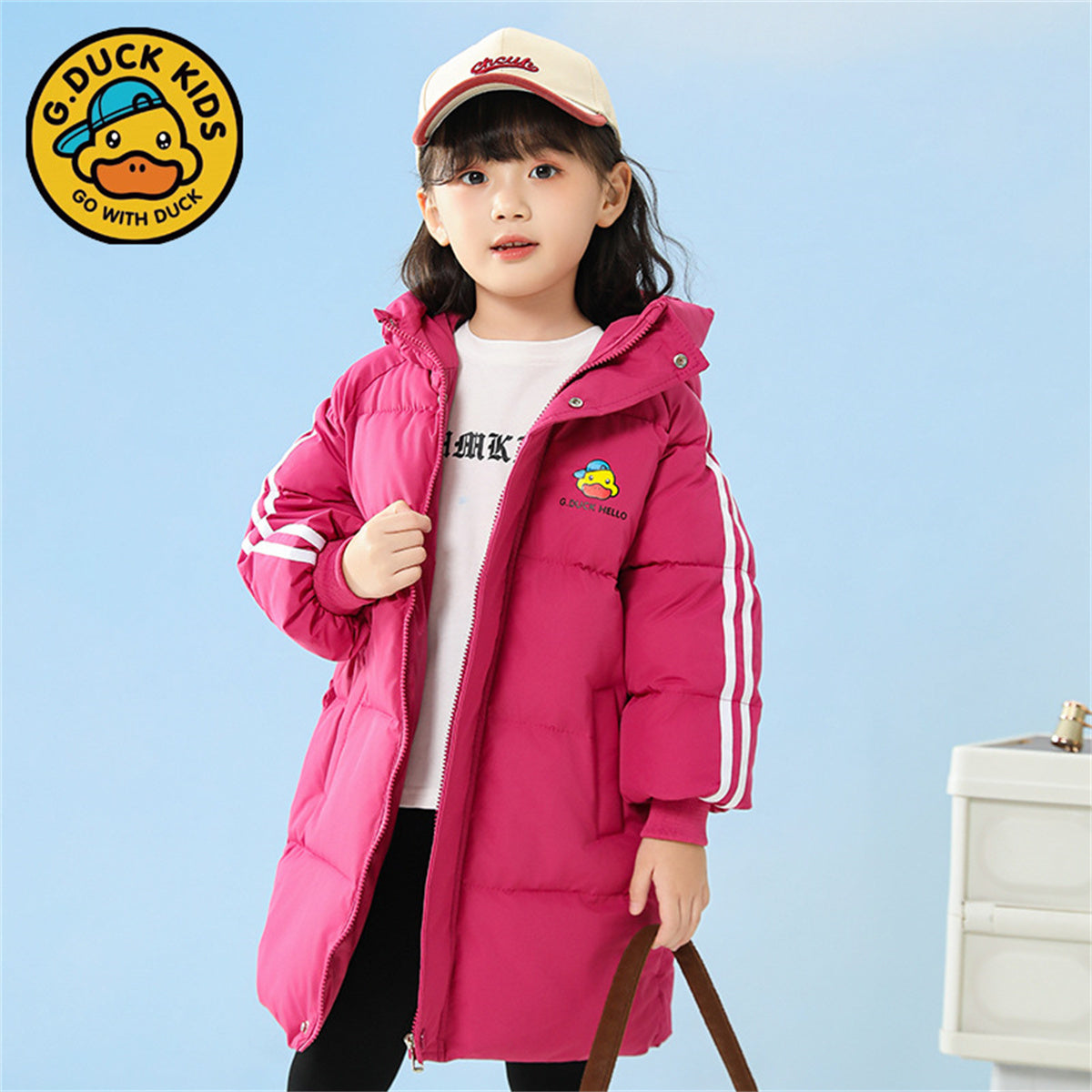 Winter yellow duck cute solid color waterproof warm long down jacket for boys and girls