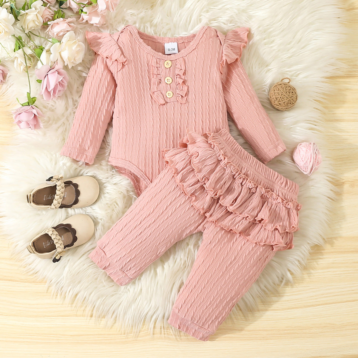 Baby girl sweet and cute simple loose flysleeve round neck long-sleeved triangle jumpsuit and multi-layer ruffled pants casual fall 2-piece set